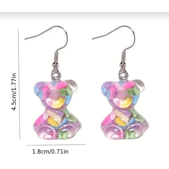 New! Adorable Acrylic Pastel Color Filled Gummy Bear Dangle Earrings! - Picture 4 of 4